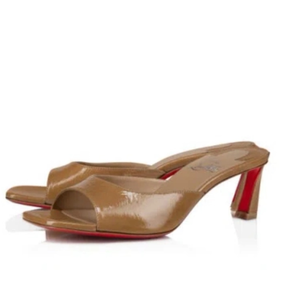 Christian Louboutin Tan Patent Leather Open-Toe Mules with Red Soles